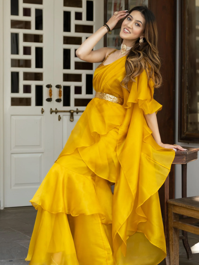 Yellow Organza Ruffled Saree